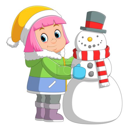 Téléchargez les illustrations : Caricature petite fille construisant un bonhomme de neige d'illustration - en licence libre de droit
