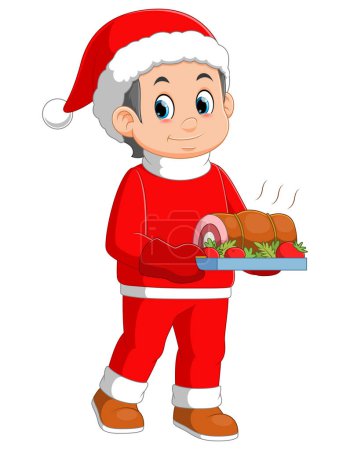 Téléchargez les illustrations : Jeune garçon en costume de Père Noël montrant le rôti de boeuf sur le plat d'illustration - en licence libre de droit