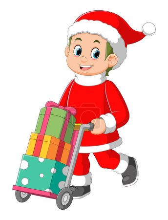Ilustración de Niño vistiendo disfraz de Santa Claus llevando un carrito de regalos de ilustración - Imagen libre de derechos