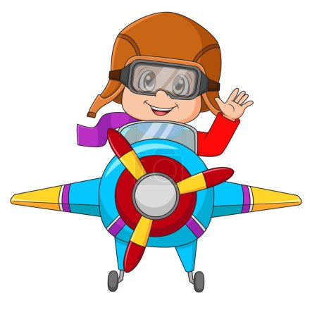 Ilustración de Niño de dibujos animados montando un avión y saludando de ilustración - Imagen libre de derechos