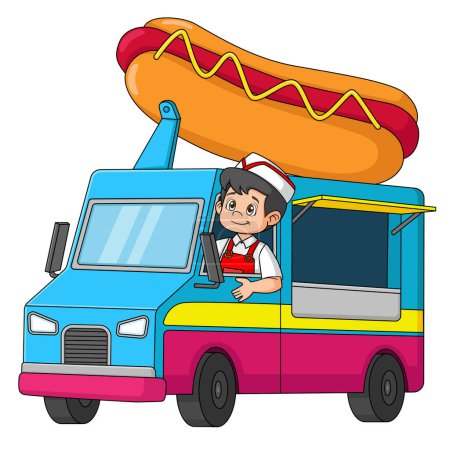 Ilustración de Joven conduciendo Hot Dog Food Truck de ilustración - Imagen libre de derechos