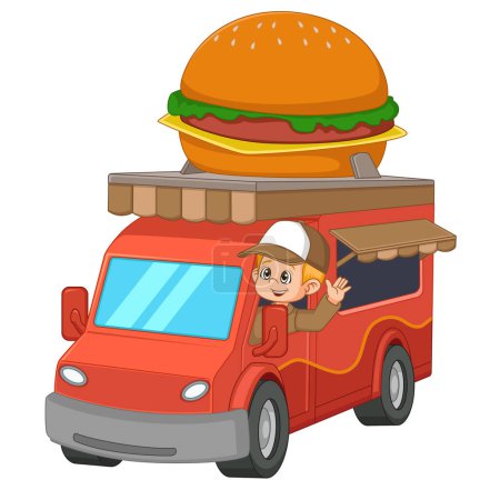 Ilustración de Joven conduciendo hamburguesa Food Truck de ilustración - Imagen libre de derechos