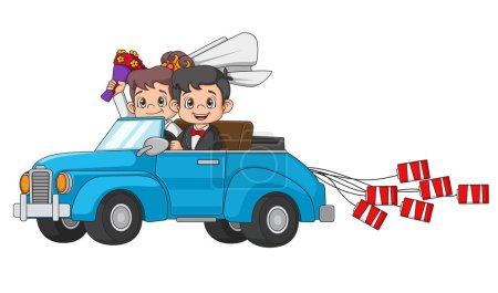 Illustration for Wedding invitation with funny bride and groom on car driving to their honeymoon of illustration - Royalty Free Image
