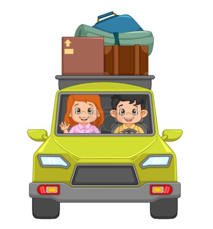 Téléchargez les illustrations : Jeune couple voyageant avec voiture d'illustration - en licence libre de droit