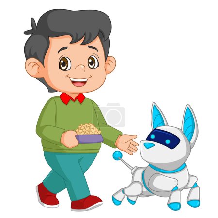 Illustration for A little boy is giving food for cyber dog of illustration - Royalty Free Image