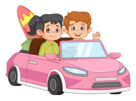 Illustration for Young man and woman having fun driving their car on a road trip of illustration - Royalty Free Image