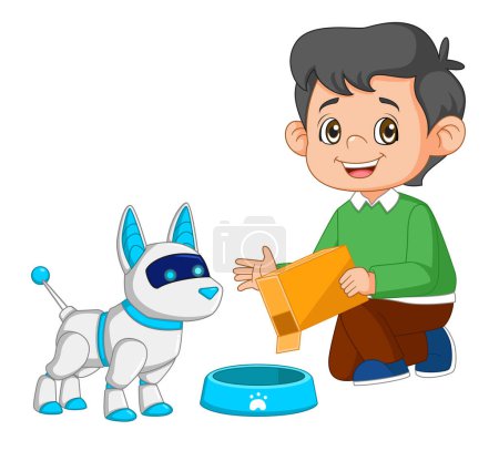 Téléchargez les illustrations : Un petit garçon donne de la nourriture pour cyber-chien d'illustration - en licence libre de droit