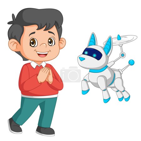 Illustration for Young people play with cyber dogs using flying propellers of illustration - Royalty Free Image