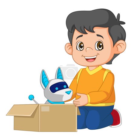Téléchargez les illustrations : Joyeux petit garçon trouvé abandonné cyber-chien dans un carton d'illustration - en licence libre de droit