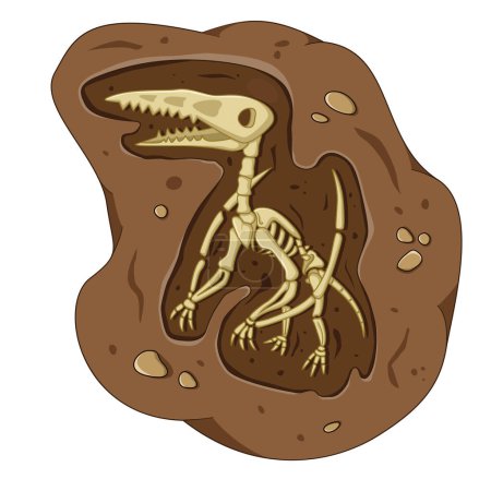Ilustración de Esqueleto fósil de dinosaurio en el suelo, excavación arqueológica estilo de ilustración de dibujos animados - Imagen libre de derechos