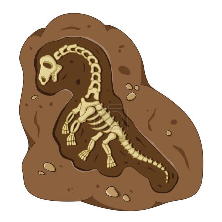 Ilustración de Esqueleto fósil de dinosaurio en el suelo, excavación arqueológica estilo de ilustración de dibujos animados - Imagen libre de derechos
