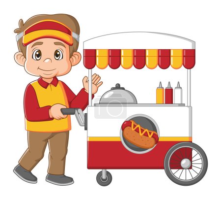 Young caucasian seller standing with hot dog cart of illustration