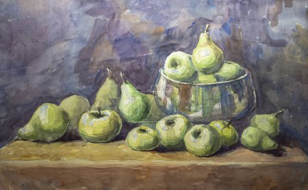 Grüne Äpfel Aquarell im Atelier. Aquarell-Gemälde mit grünen Äpfeln auf dem Tisch.