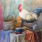 Still life with a rooster, a basket, a wooden spoon, a cup, draperies. Watercolor painting, illustration. Watercolor artwork.