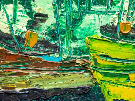 Colorful surface of the painting. Texture of painting. Painting artwork facture. Colorful texture. Abstract background. Oil painting on canvas with green, yellow, black, white colors.