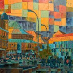 Abstract multicolored acrylic painting on canvas. Details, texture of the acrylic painting on canvas. Geometric art painting. View of the center of Kyiv, Ukraine. 