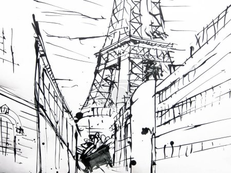 Paris, France illustration faite à la main. Dessin noir et blanc de Paris. Croquis architectural.
