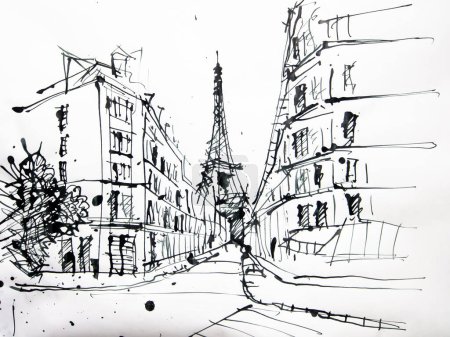 Paris, France illustration faite à la main. Dessin noir et blanc de Paris. Croquis architectural.