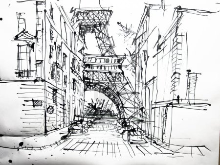 Paris, Frankreich handgemachte Illustration. Schwarz-weiße Zeichnung von Paris. Architekturskizze.