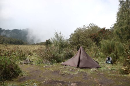 Téléchargez les photos : Camping avec une tente hexagone ou hexapeak ou bâche hexamide dans la nature sauvage - en image libre de droit