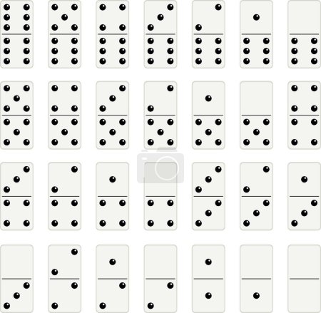 Illustration for Domino set of 28 tiles with white pieces with black dots - Royalty Free Image