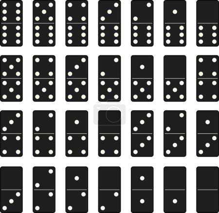 Illustration for Domino set of 28 tiles with black pieces with white dots. - Royalty Free Image