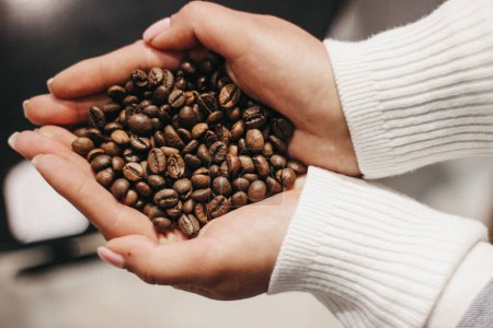 Foto de Manos sosteniendo granos de café en la mañana - Imagen libre de derechos