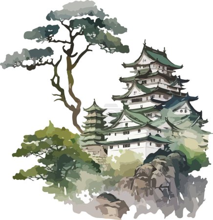 Colored Japanese Temple Vector, Print, Illustration