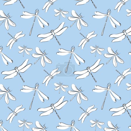 Illustration for Delicate pattern. Flying white dragonflies on a blue sky background. For textiles and fabrics - Royalty Free Image