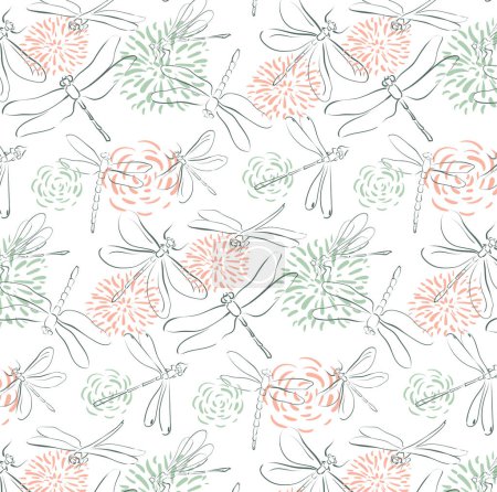 Illustration for Delicate background repeating pattern with dragonflies and abstract flowers. Vector image for fabric, card, notebook, textile. - Royalty Free Image