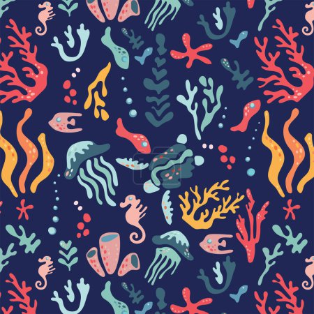 Unterwasserwelt. Abstraktes Muster mit Meeresschildkröten, Quallen, Fischen, Algen und Korallen. Vektor-Wiederholmuster für Stoff, Textilien, Tapeten, Karten.