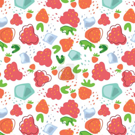 Abstraktes Muster mit Erdbeere, Himbeeren und Eiswürfelmuster im flachen Stil. Frisches nahtloses Muster. Vektorhintergrund. Sommerzeit. Limonade-Tapete.