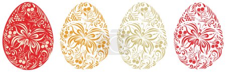 Ilustración de Un conjunto de huevos de Pascua en el estilo popular ruso con elementos de patrones y adornos en un tema ruso antiguo. Motivo tradicional, popular. Vector ramitas de Pascua, bayas, flores, hojas y mariposa. - Imagen libre de derechos
