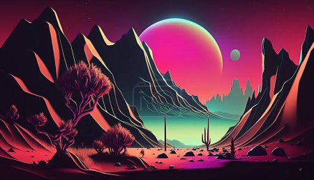 Neon night landscape with mountains
