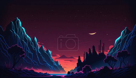 Téléchargez les photos : Paysage nocturne néon avec montagnes - en image libre de droit