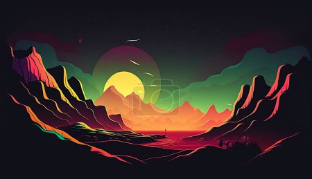  Neon night landscape with mountains