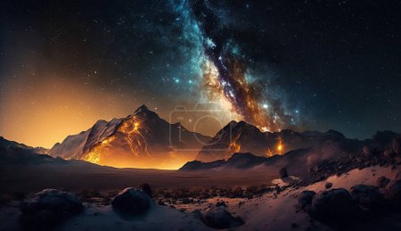 Photo pour Nébuleuse abondante vue galaxie nuit paysage montagnes - image libre de droit