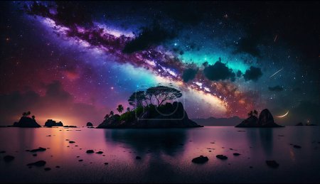 Photo pour Nébuleuse abondante vue galaxie nuit paysage montagnes - image libre de droit