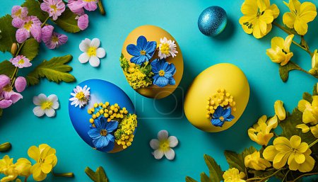 Téléchargez les photos : Oeufs de Pâques sur fond bleu jaune - en image libre de droit
