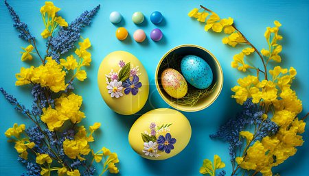 Easter eggs on yellow blue background