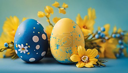 Téléchargez les photos : Oeufs de Pâques sur fond bleu jaune - en image libre de droit