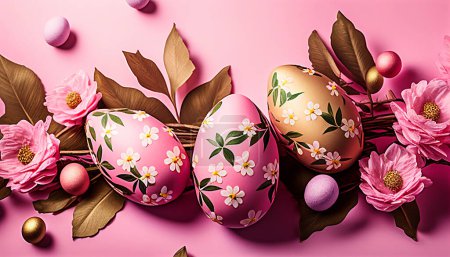 Téléchargez les photos : Oeufs de Pâques sur fond rose - en image libre de droit