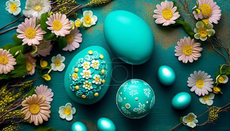 Téléchargez les photos : Oeufs de Pâques sur fond turquoise - en image libre de droit