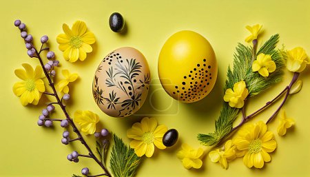 Téléchargez les photos : Oeufs de Pâques sur fond jaune - en image libre de droit