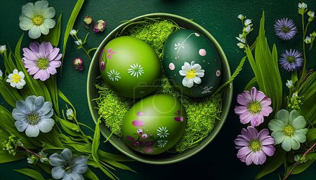 Easter eggs on green background