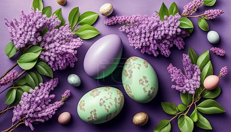 Téléchargez les photos : Oeufs de Pâques sur fond lilas - en image libre de droit