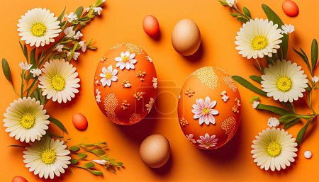 Téléchargez les photos : Oeufs de Pâques sur fond orange - en image libre de droit