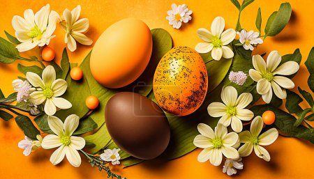 Foto de Huevos de Pascua sobre fondo naranja - Imagen libre de derechos