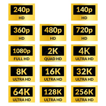 Illustration for 4K 2K 8K 1080p 720p 16K UHD Quad HD Full HD and HD resolution presentation nameplates of gold and silver gradient color on black background. TV or mobile symbols and icons of different colors. Vector illustration. - Royalty Free Image