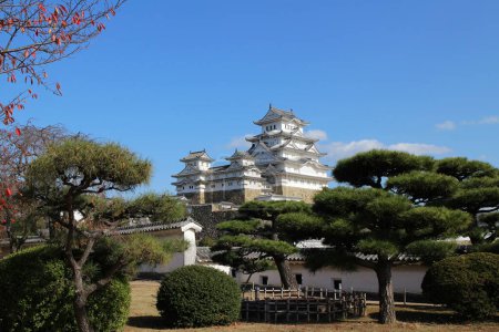 Téléchargez les photos : Château Himeji et ciel bleu clair vus de la place Nishinomaru à Himeji, Japon - en image libre de droit